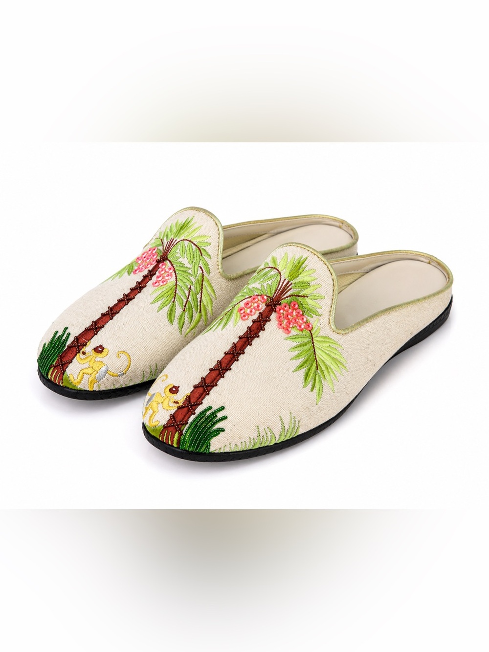 Embroidered Linen Mule Loafers Sz 8 Palm Tree Monkey Beaded Tropical Resort BOHO